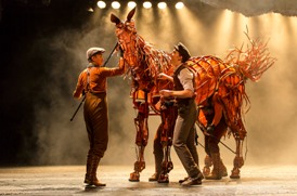 (L to R) Christopher Mai and Andrew Veenstra in the national tour of the National Theatre of Great Britain production of ?War Horse,? which has its West Coast premiere at the Center Theatre Group/Ahmanson Theatre, June 14 through July 29, 2012.  (Opens June 29.)  ?War Horse,? the winner of five Tony Awards, is based on a novel by Michael Morpurgo, adapted by Nick Stafford and presented in association with Handspring Puppet Company. For tickets and information, call (213) 972-4400 or go to www.CenterTheatreGroup.org.                                                                                                              Contact: CTG Media and Communications (213) 972-7376/CTGMedia@CenterTheatreGroup.org                                     Photo by Brinkhoff/Mögenburg</p><br /><br /><br /><br /><br /><br /><br /><br />
<p>Horse Puppeteers L to R: Christopher Mai, Derek Stratton and Rob Laqui