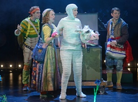 L to R - Miles Fletcher as Jack, Rachael Warren as Baker's Wife, Catherine E Coulson as Milky White, Jeff Skowron as the Baker - Photo by Kevin Parry